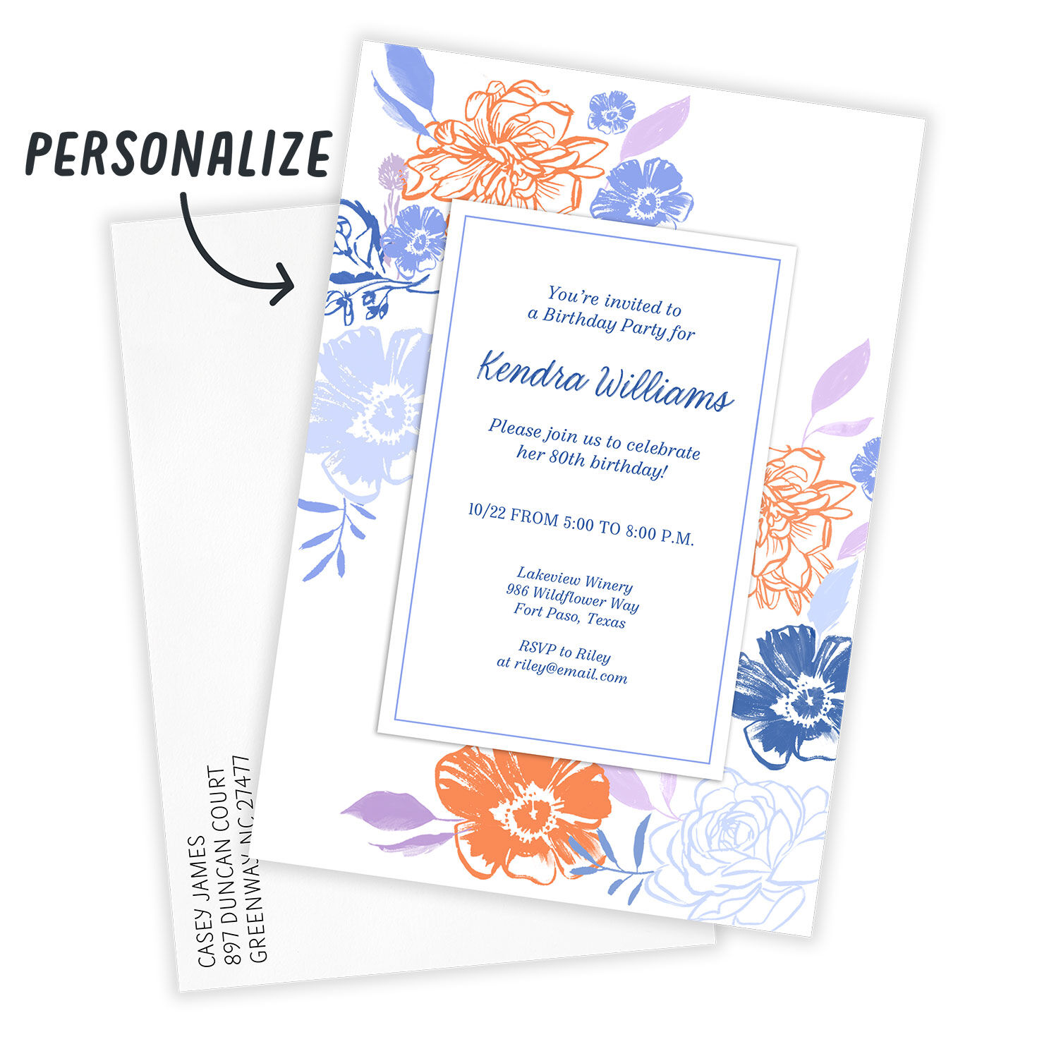 Blue Orange Flowers Personalized Party Invitation Card with Envelope indicating personalization image number 2