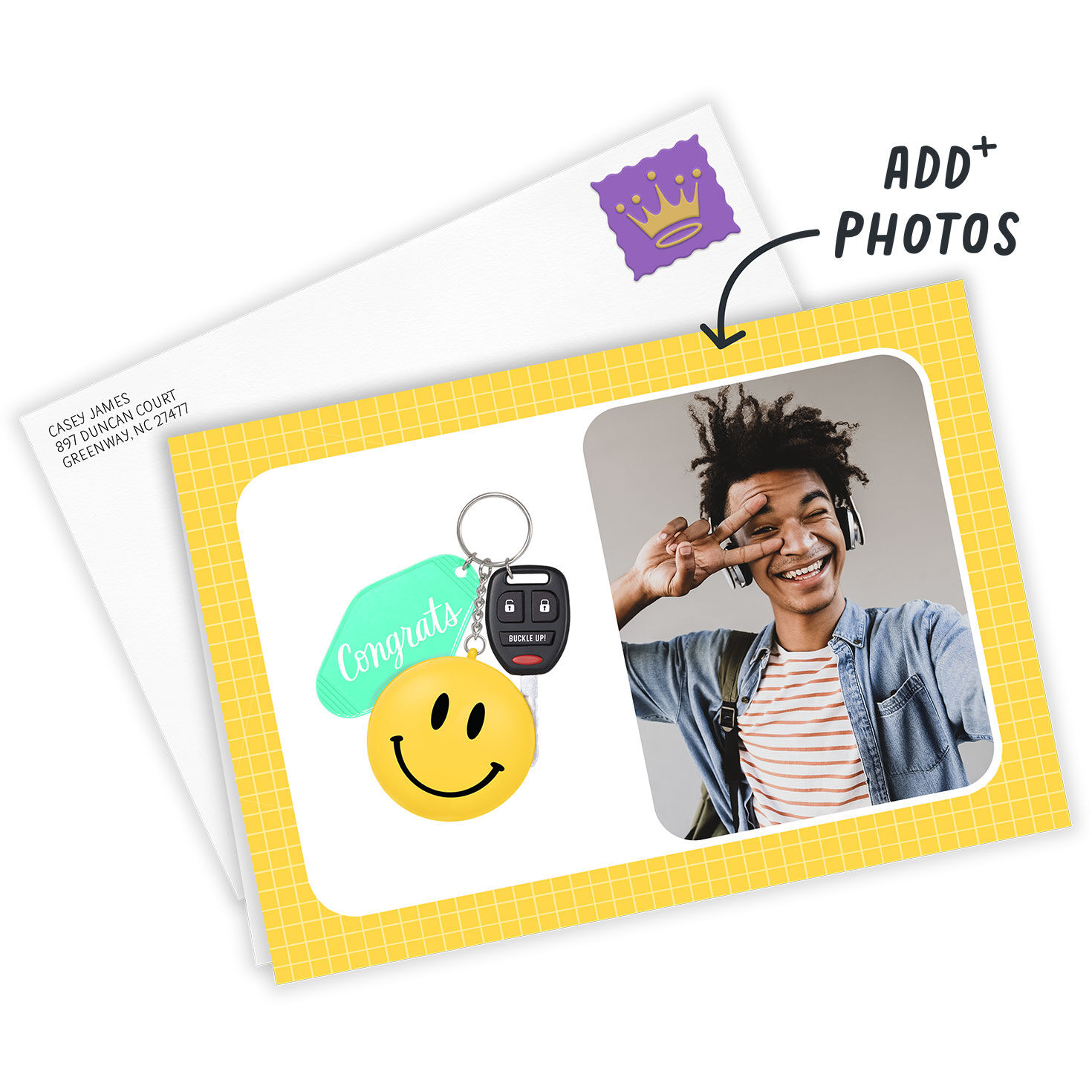 Smiley Face Keychain Personalized Congrats Card Card Front with Envelope image number 2
