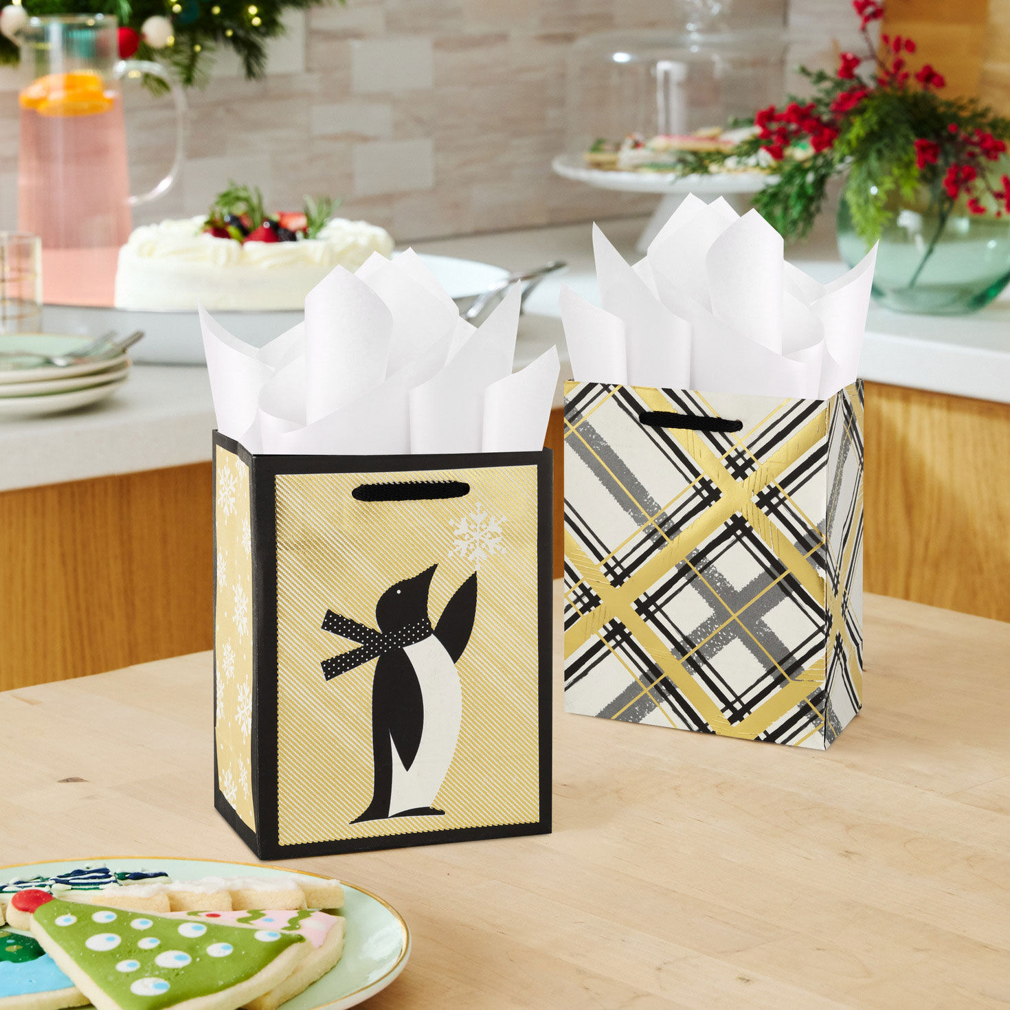 Black and Gold Penguin and Trees Holiday Gift Bags in use image number 2