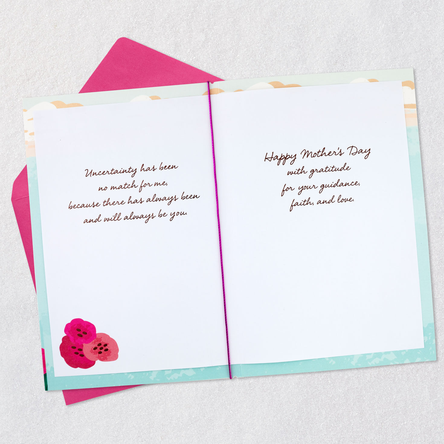 Pink Flowers and Ocean Beach Mom Mother's Day Card Open card with envelope image number 4