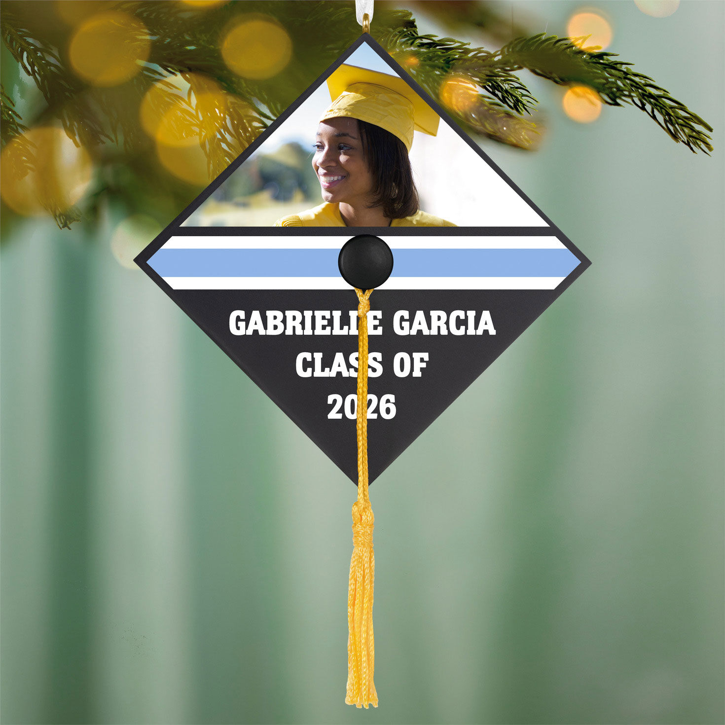 Graduation Cap Text and Photo Personalized Keepsake Ornament hanging on tree image number 3