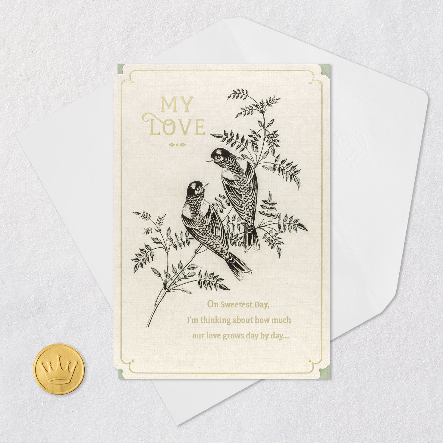 Birds on Branch Romantic Sweetest Day Card Card Front with Envelope and Gold Seal image number 6