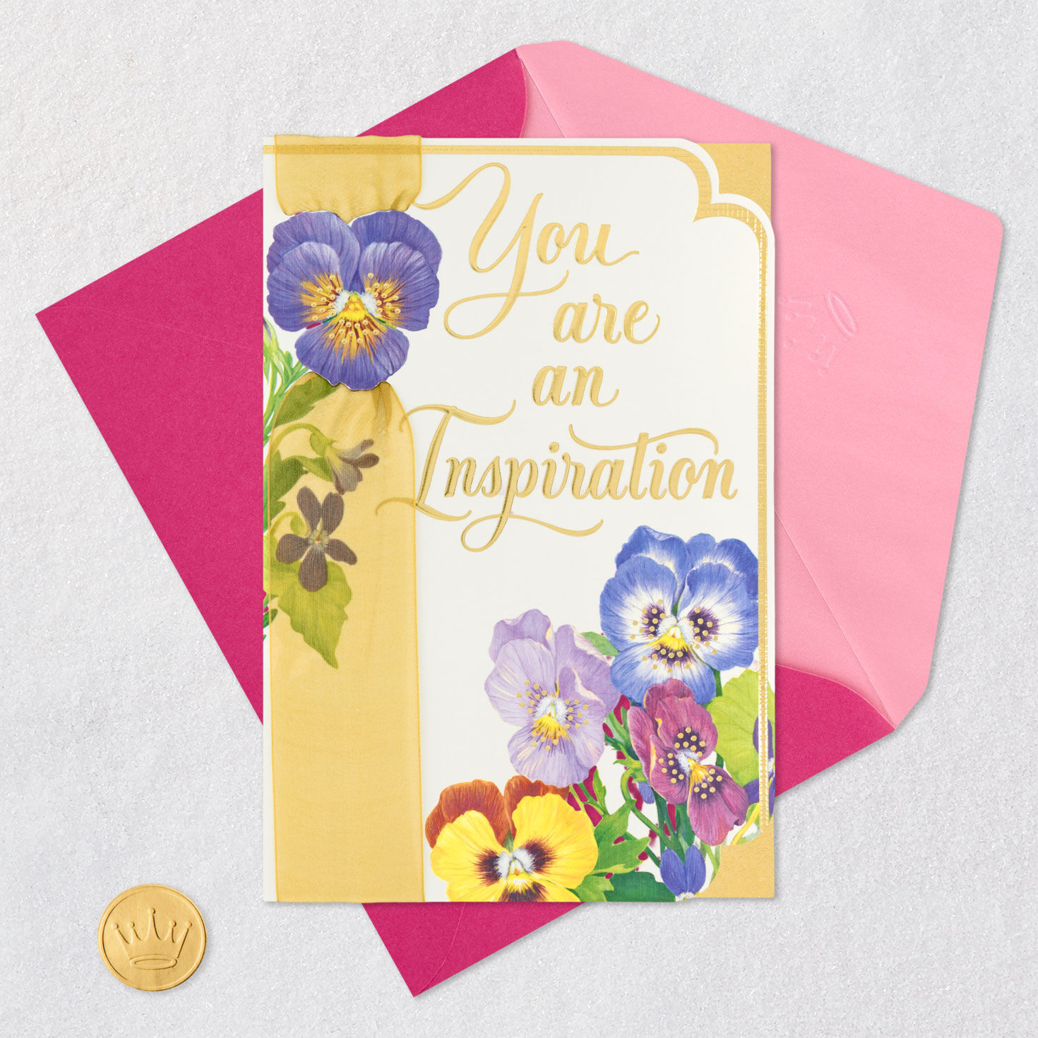 Pansies and Ribbon Mother's Day Card Card Front with Envelope and Gold Seal image number 6