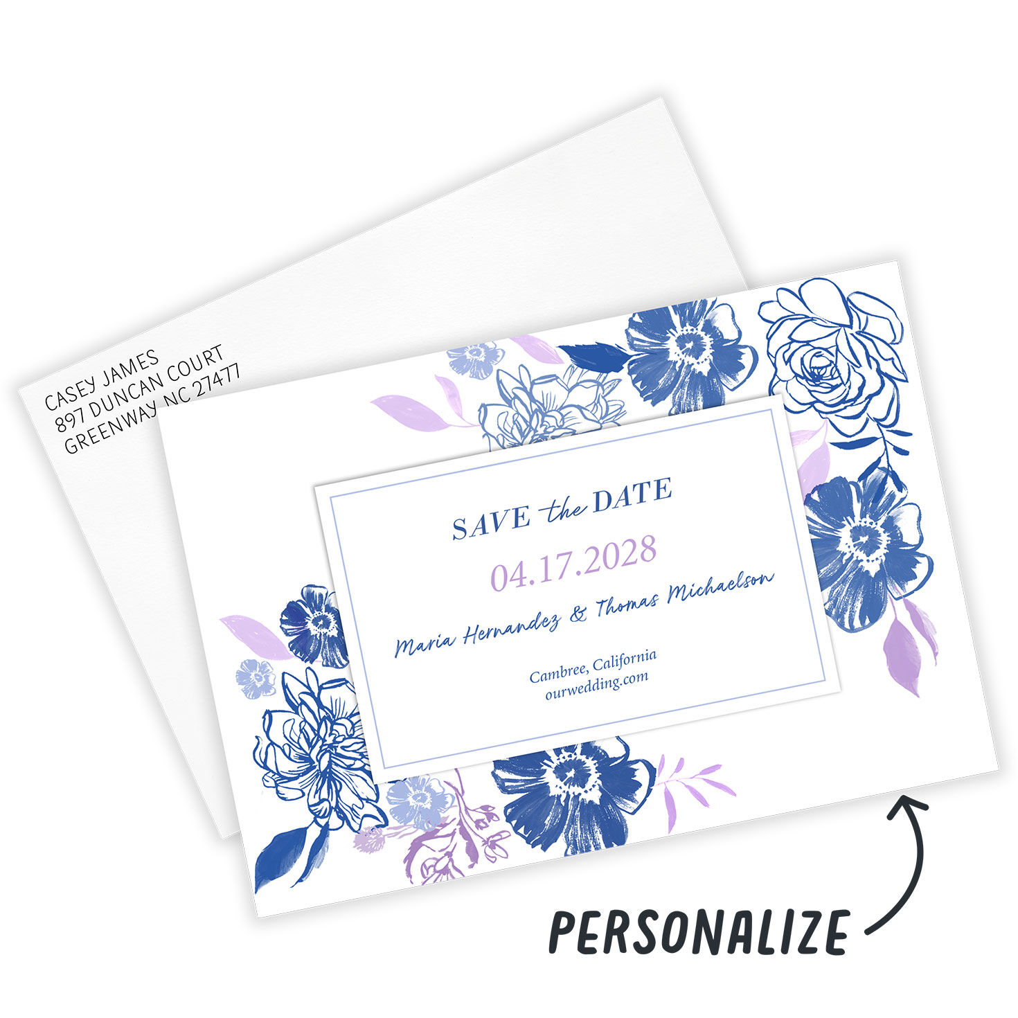 Blue Flower Drawings Personalized Save the Date Card Card front with Envelope indicating personalization image number 2