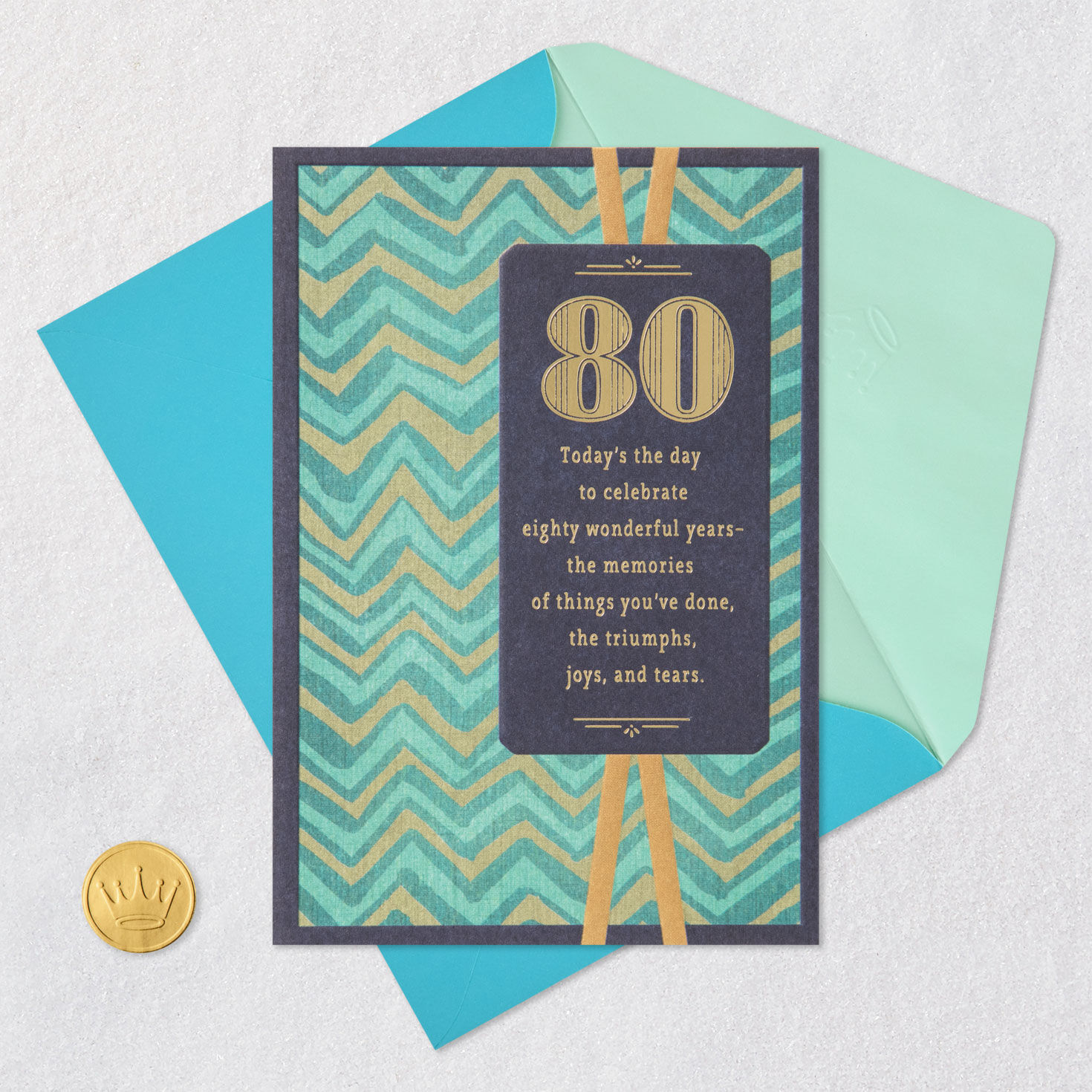 Casual Chevrons in Green 80th Birthday Card Card Front with Envelope and Gold Seal image number 5