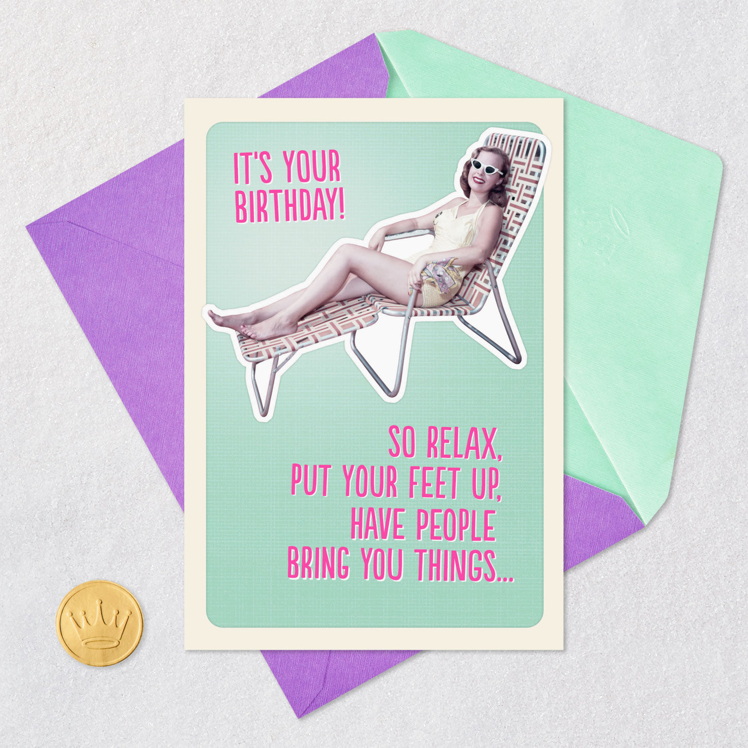 Vintage Woman Lounging Funny Birthday Card Card Front with Envelope and Gold Seal image number 5