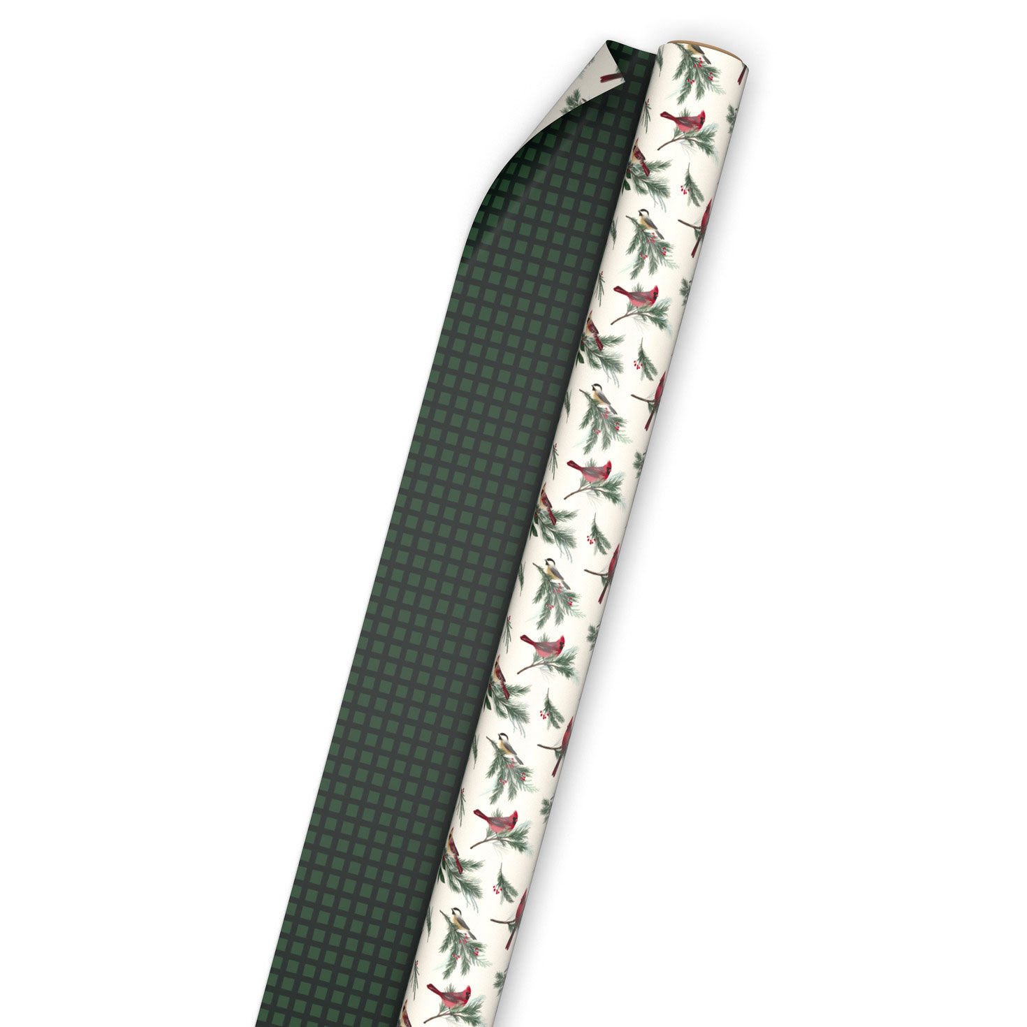Cardinals/Green Check Reversible Holiday Gift Wrap Wrap Tube image number 5