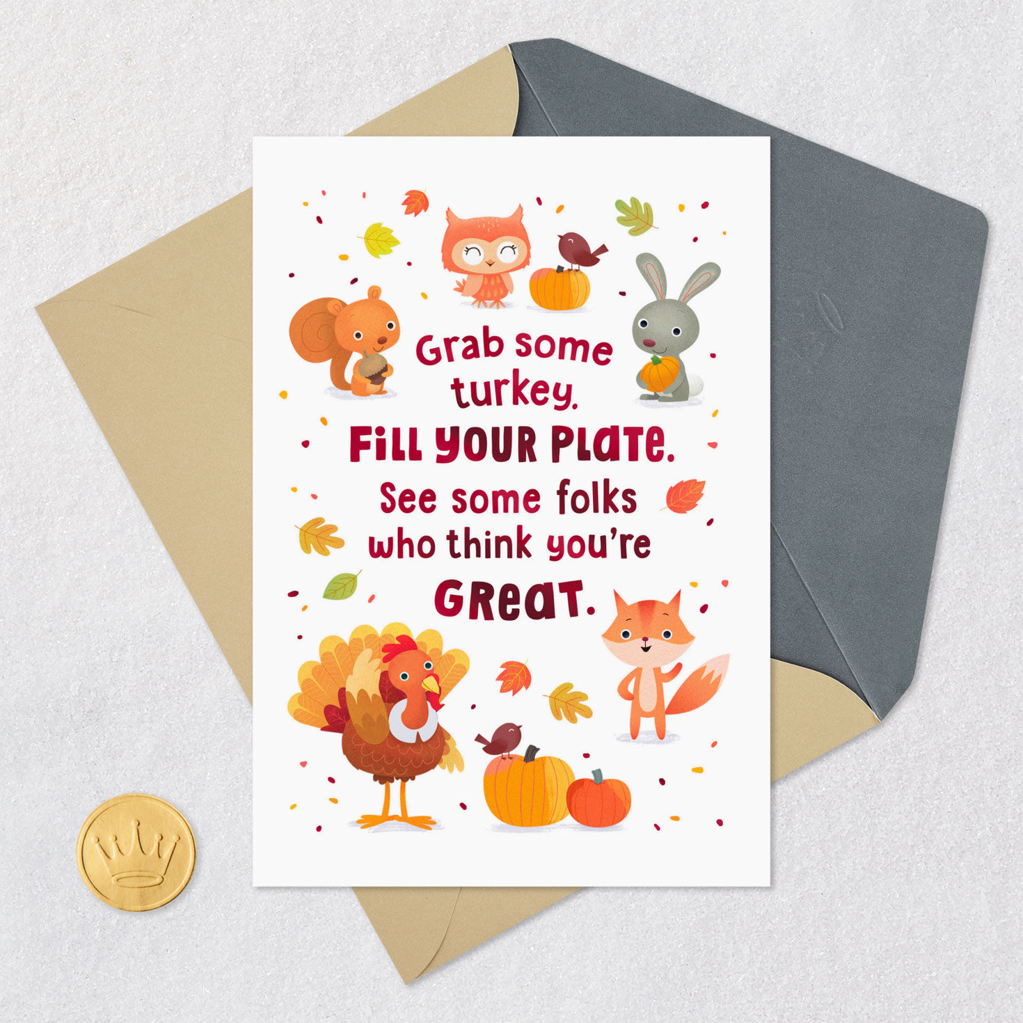 Squirrel, Fox and Owl Kids Thanksgiving Card Card Front with Envelope and Gold Seal image number 6
