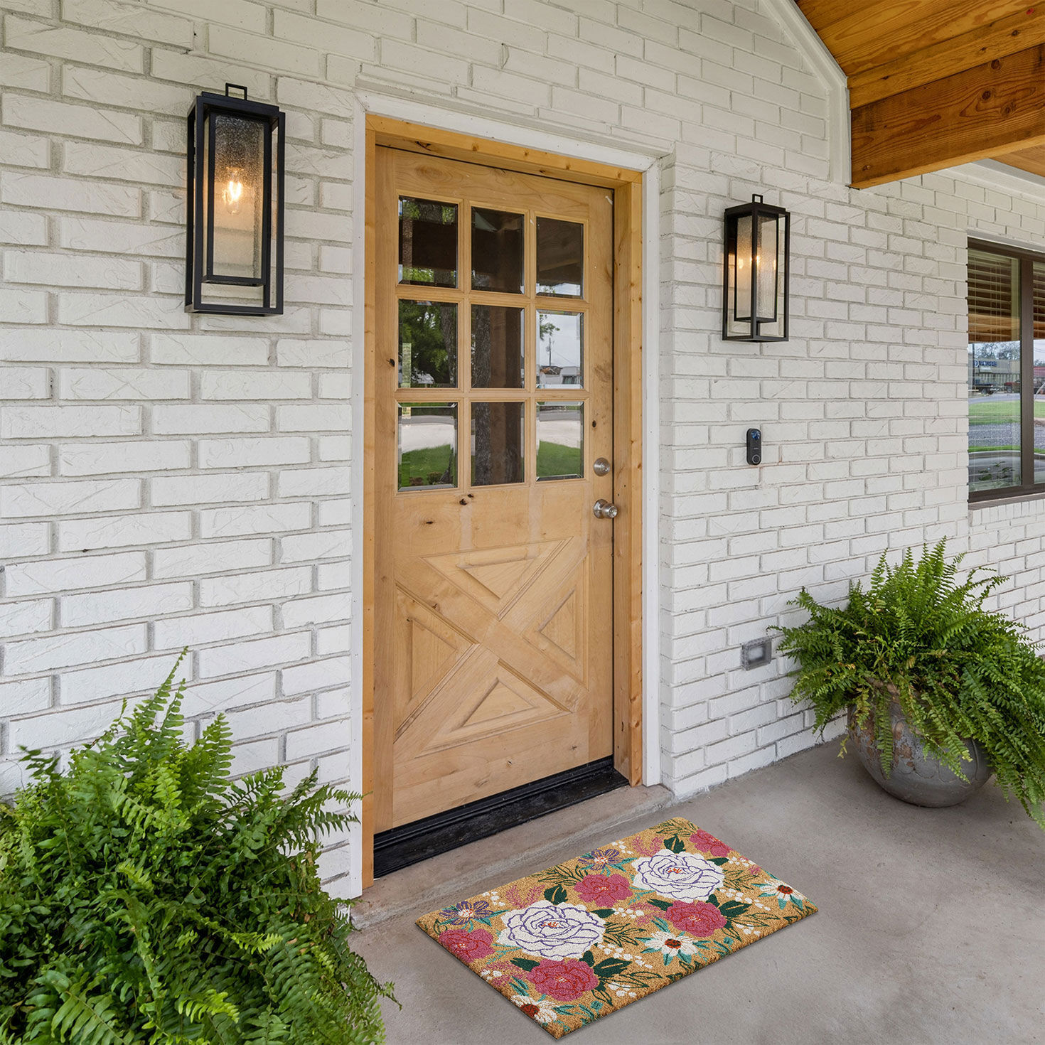 Illustrated Flowers Coir Outdoor Doormat in use image number 2