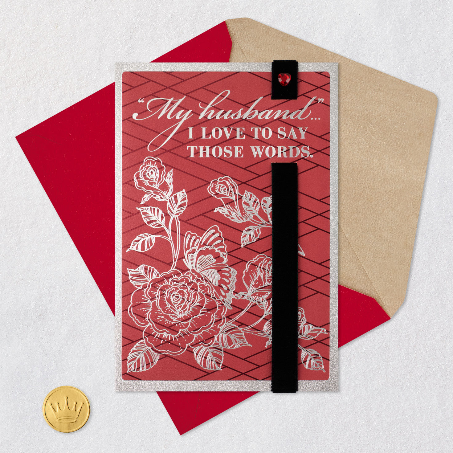 Flowers on Red Valentine's Day Card for Husband Card Front with Envelope and Gold Seal image number 7