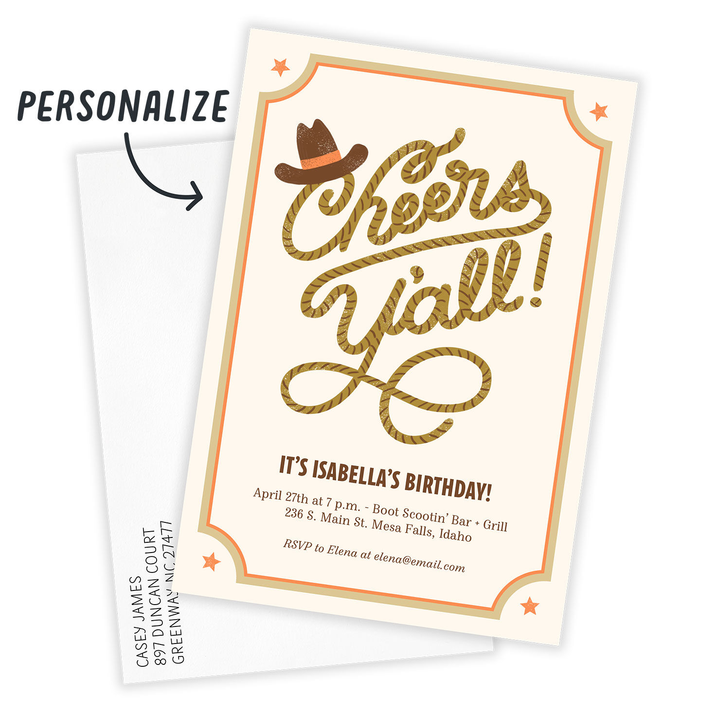 Cowboy Rope Lettering Personalized Party Invitation Card with Envelope indicating personalization image number 2