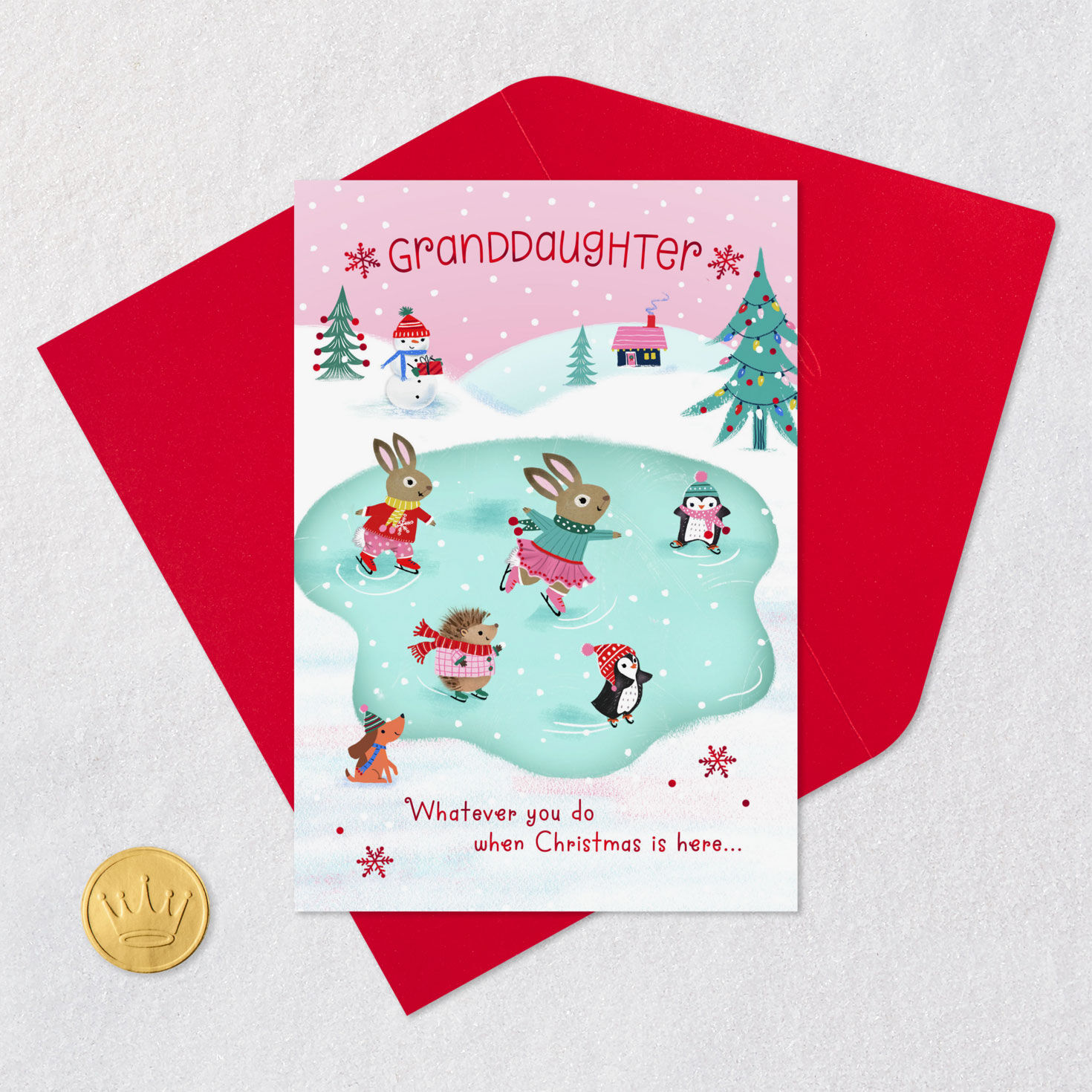 Animals Ice Skating Christmas Card for Granddaughter Card Front with Envelope and Gold Seal image number 5