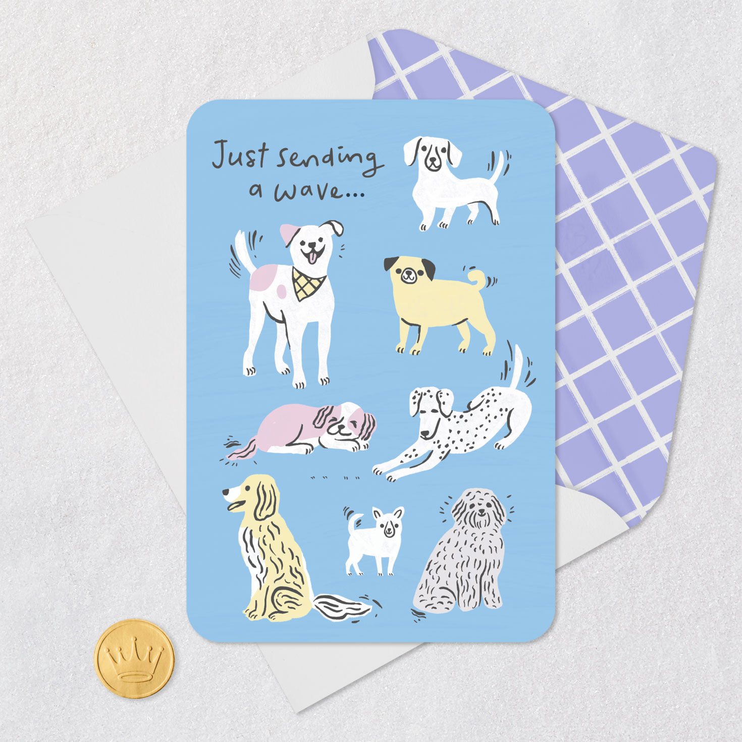 Cute Dogs Sending a Wave Thinking of You Card Card Front with Envelope and Gold Seal image number 5