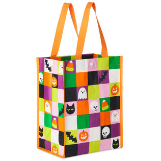 12" Ghosts, Candy Corn, Bats and Cats Grid Large Halloween Reusable Tote Bag