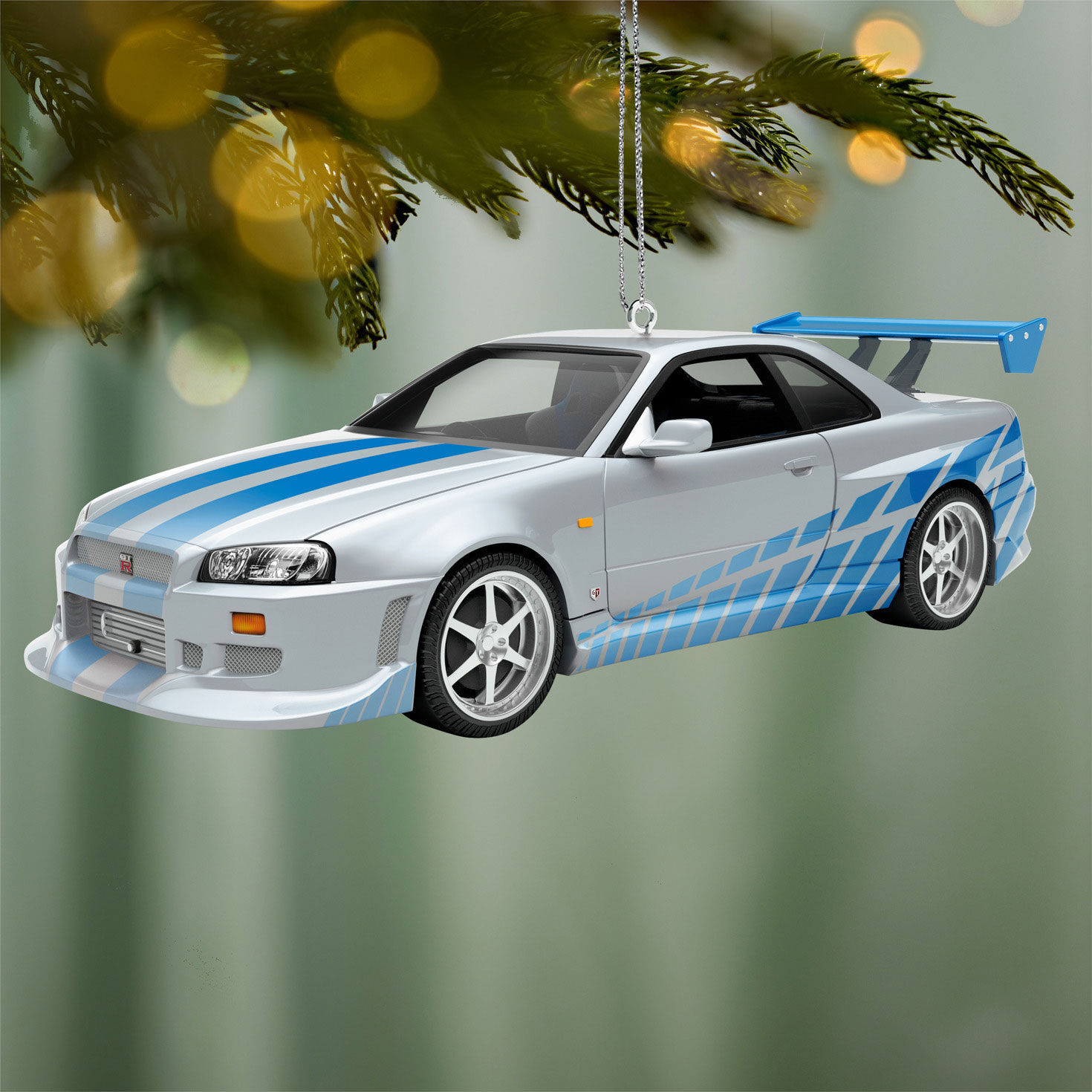 Silver Blue Sports Car Keepsake Ornament Hanging on tree image number 2