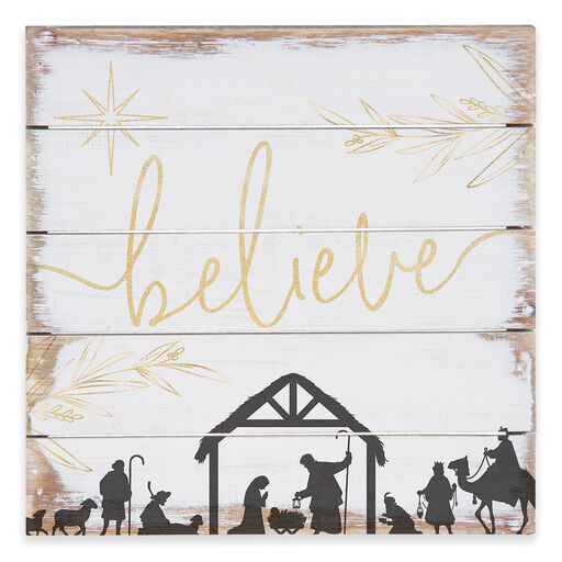 Believe Nativity Petite Pallet Wood Sign, 8x8, 