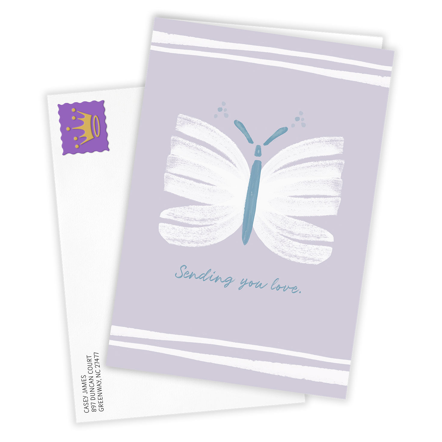 White Butterfly Purple Personalized Sympathy Card Card Front with Envelope image number 2