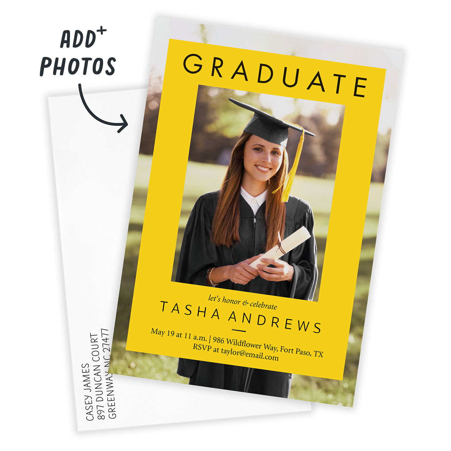 Bright Yellow Photo Frame Grad Party Invitation Card Front indicating personalization image number 2