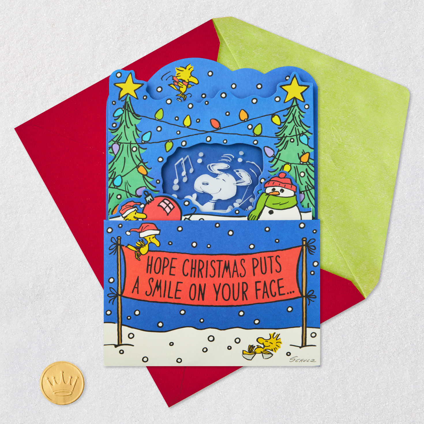 Musical Light-Up Snoopy Tree Farm Christmas Card Card Front with Envelope and Gold Seal image number 6