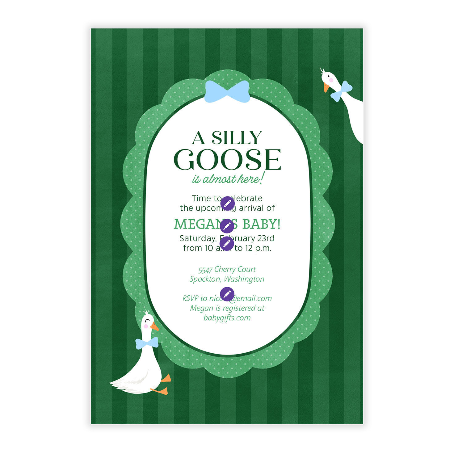 Green Stripes Goose Personalized Baby Shower Invite Card Front indicating personalization image number 5