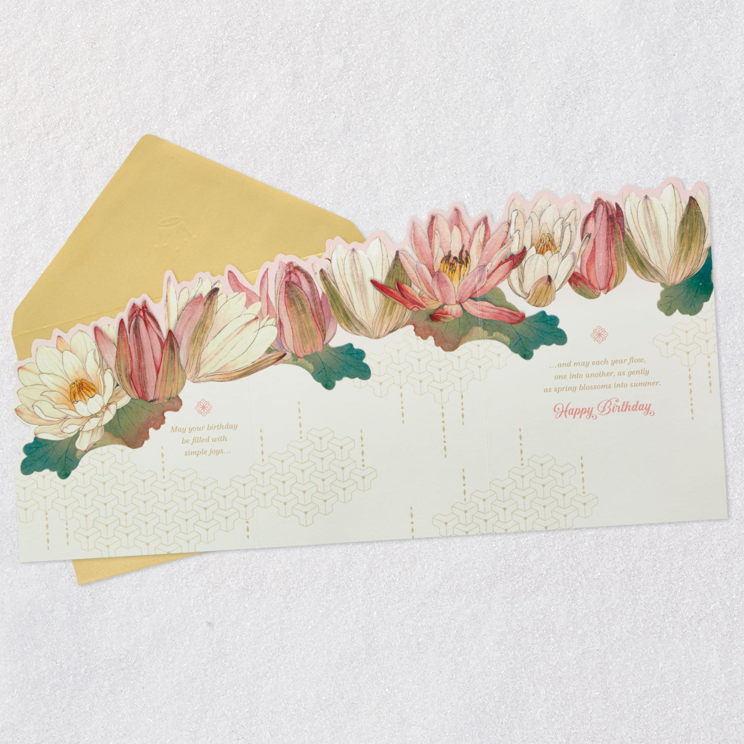 Cream and Pink Lotus Blossoms Birthday Card Open card with envelope image number 5