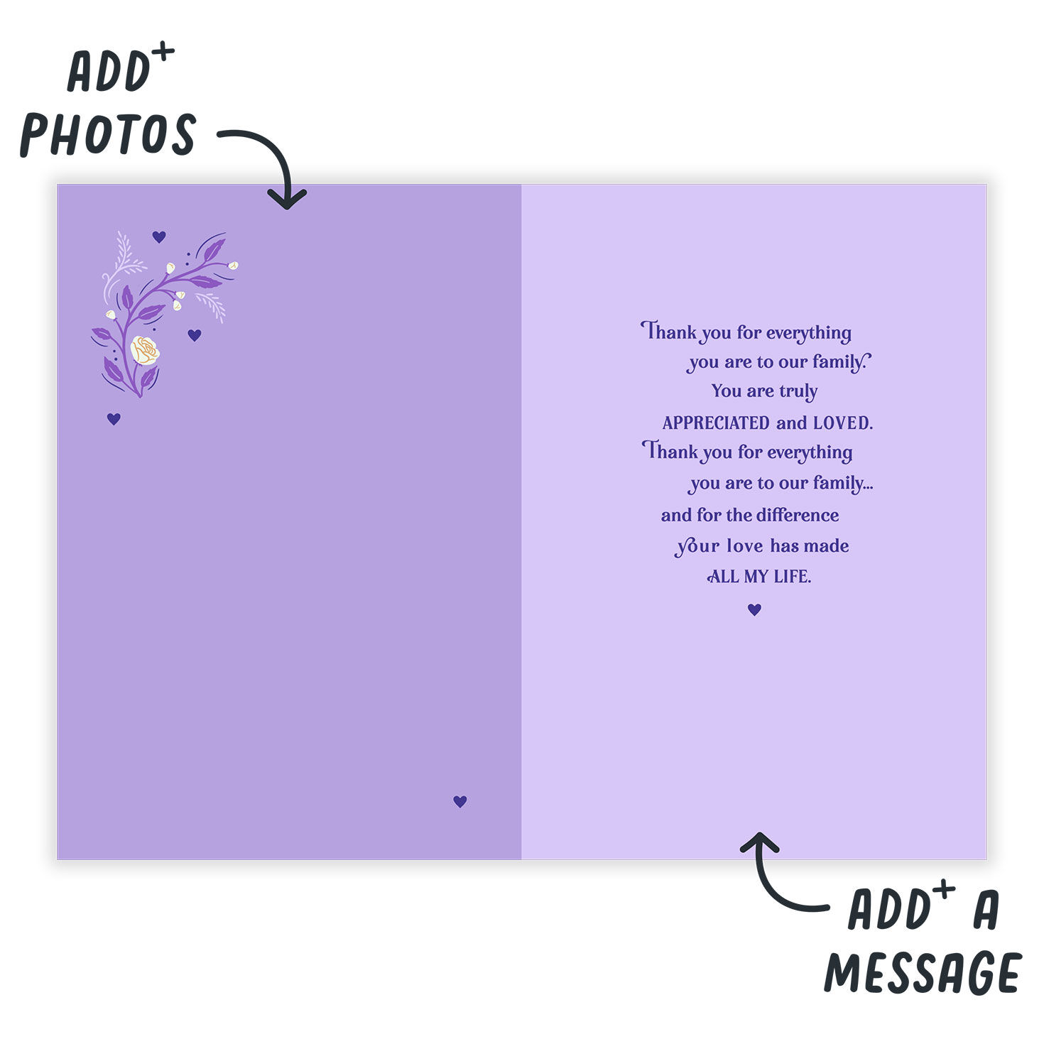 Flower Vine on Purple Personalized Mother's Day Card Open Card indicating personalization image number 3