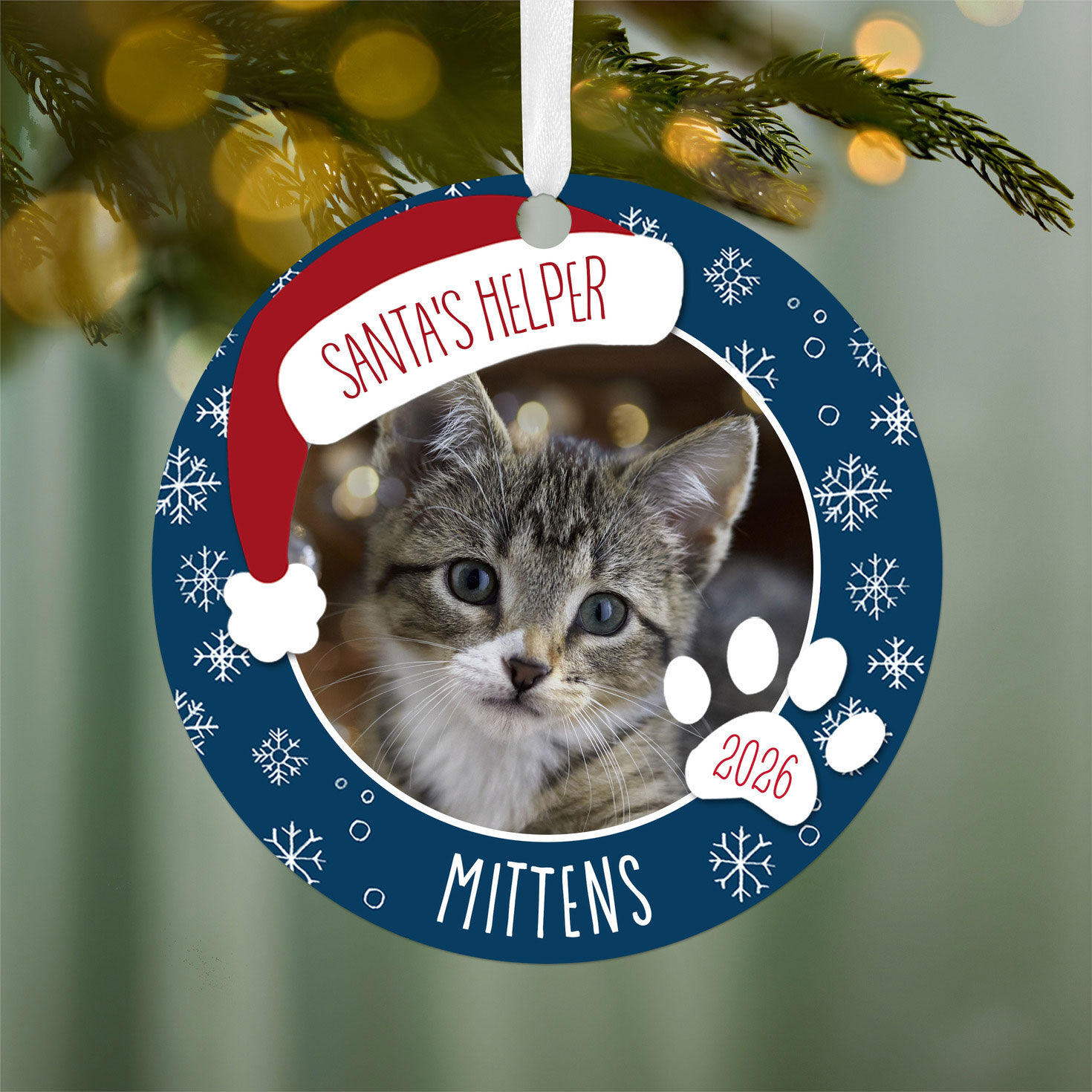 Round Holiday Pet Personalized Ornament hanging on tree image number 2