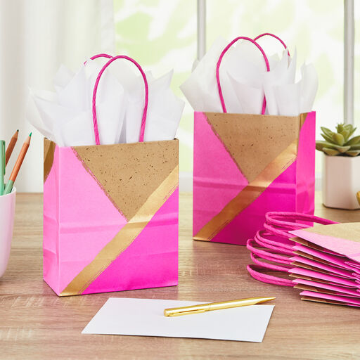 6.5" Pink and Kraft Paper 8-Pack Gift Bags, 