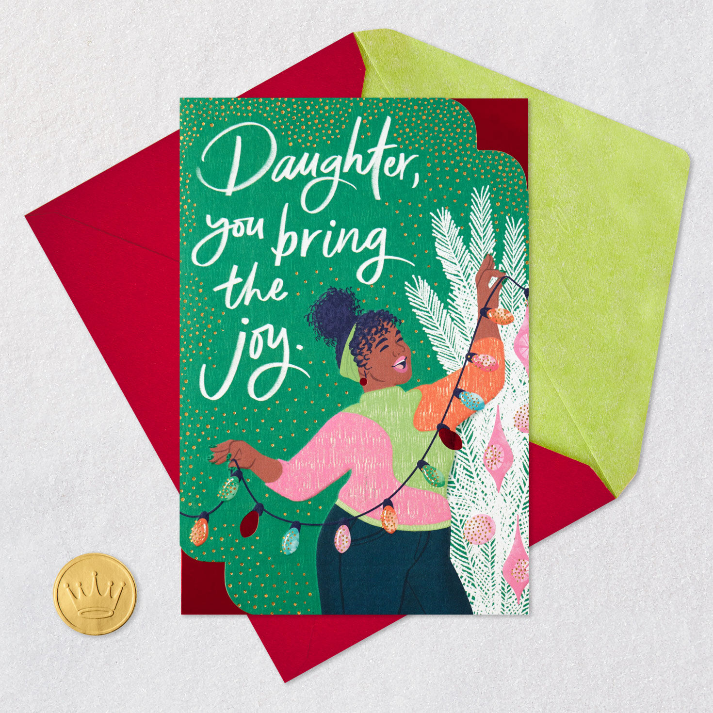 Girl Decorating Tree With Lights Christmas Card Card Front with Envelope and Gold Seal image number 6