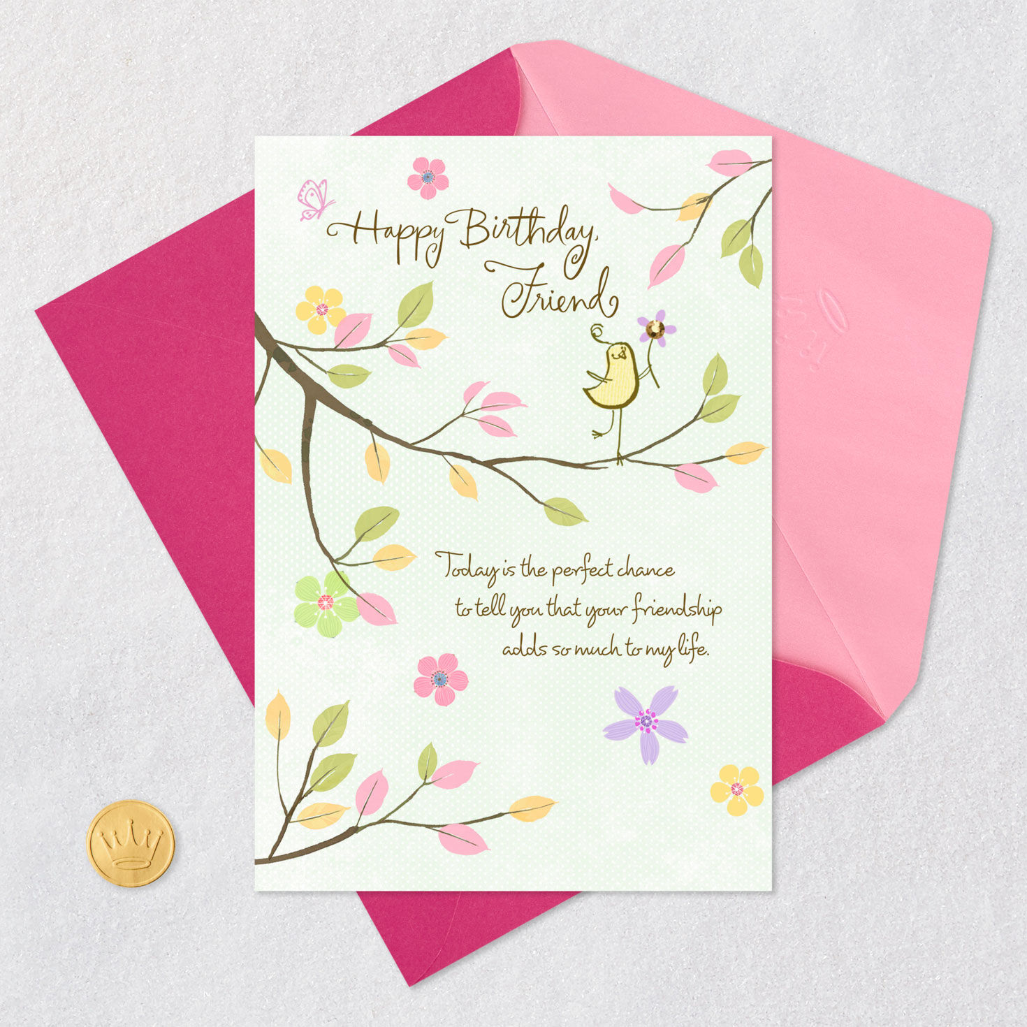 Flowers and Branch Green Birthday Card for Friend Card Front with Envelope and Gold Seal image number 6