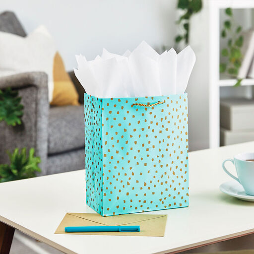 9.6" Gold Dots on Mint Medium Gift Bag, 