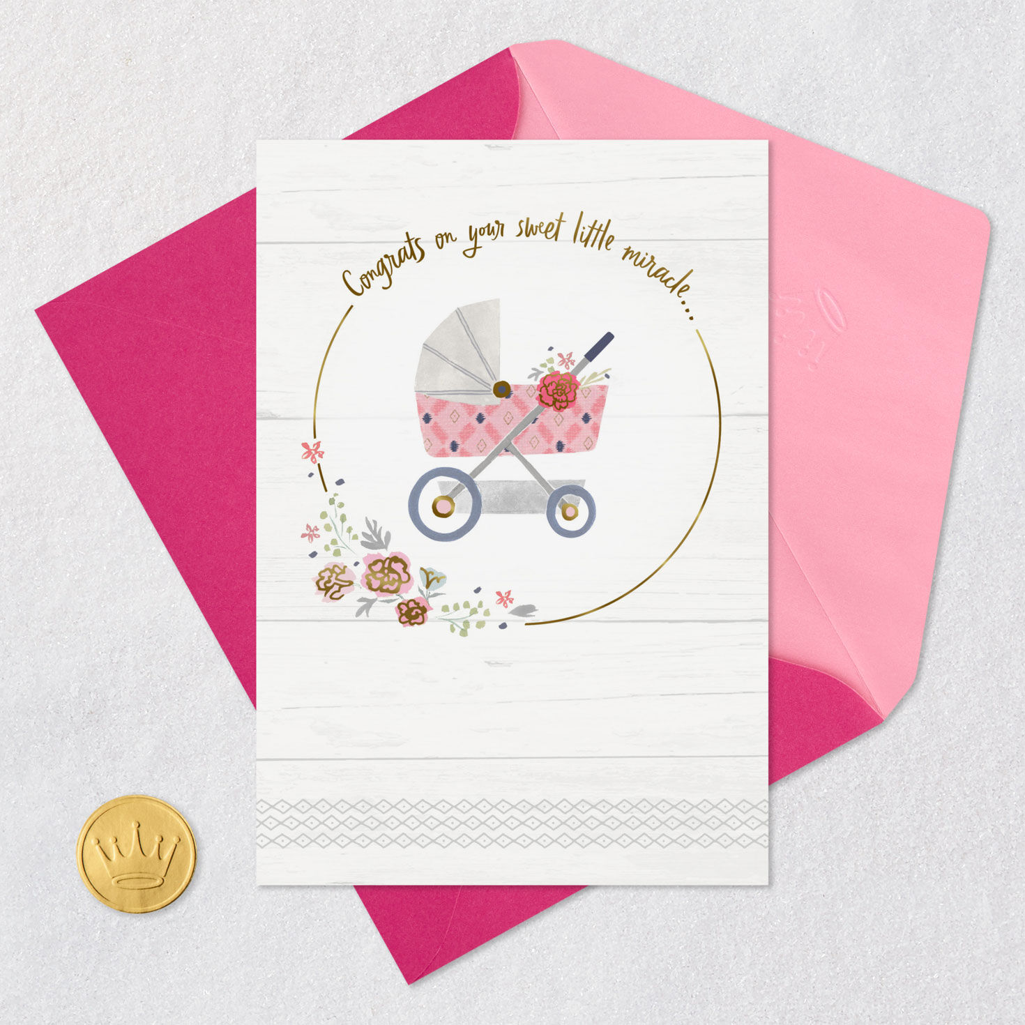 Vintage Baby Carriage and Flowers Baby Girl Card Card Front with Envelope and Gold Seal image number 5