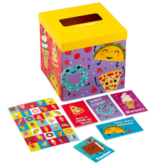 Punny Foods Kids Classroom Valentines Set With Cards, Stickers and Mailbox
