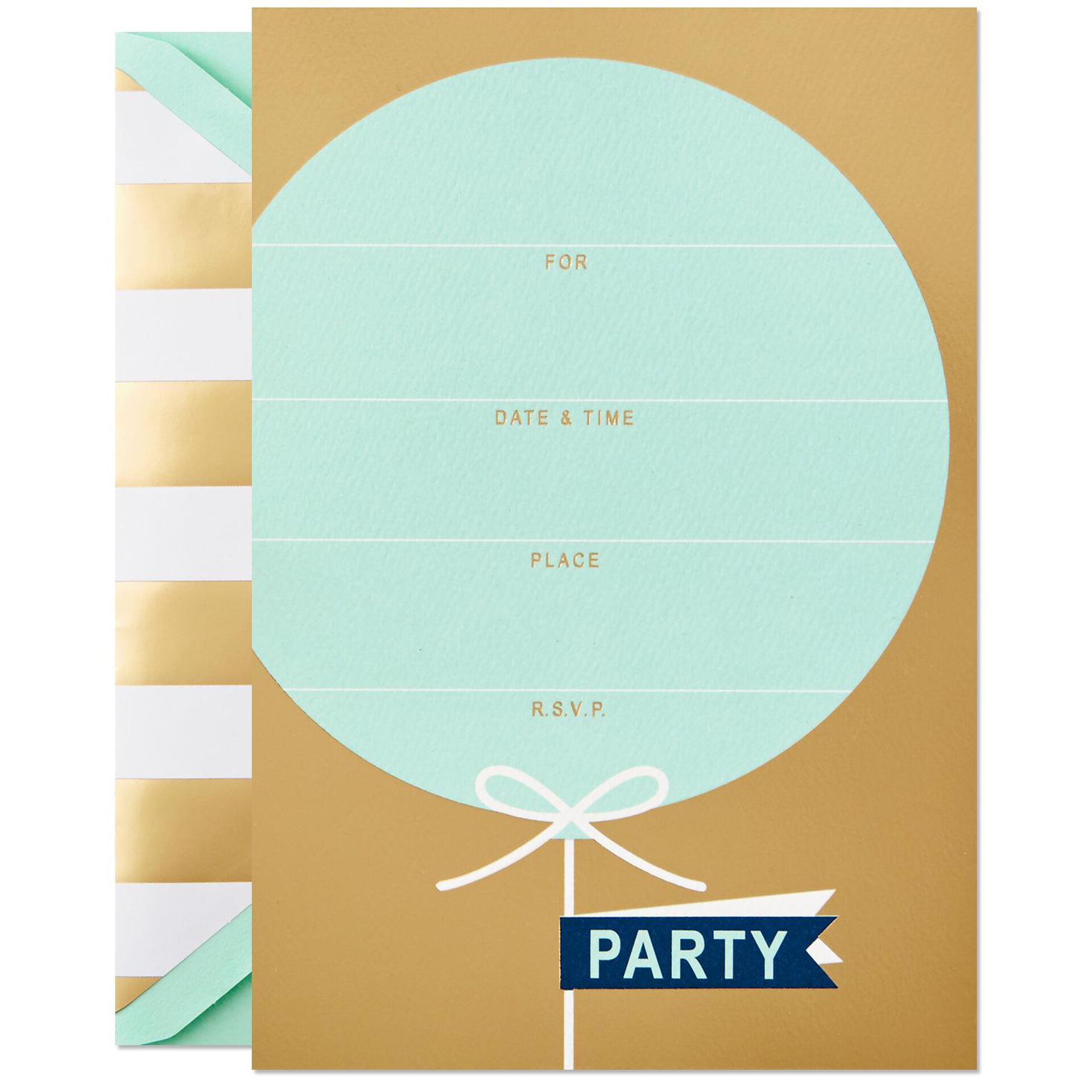 Blue Balloon on Gold Birthday Party Invitation, Box of 12 Invitations