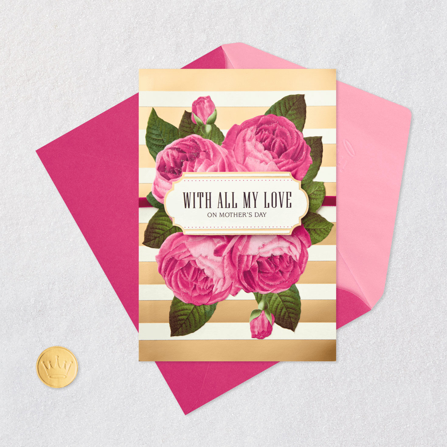 Pink Roses and Gold Stripes Romantic Mother's Day Card Card Front with Envelope and Gold Seal image number 6