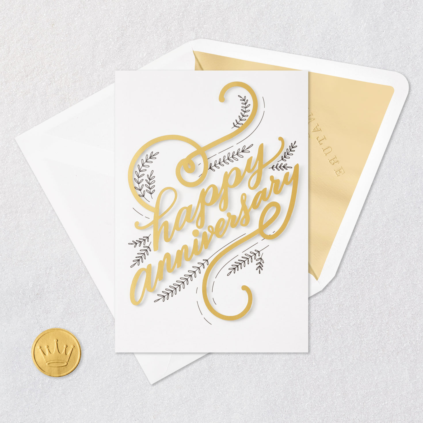 Script Letters and Delicate Leaves Anniversary Card Card Front Detail image number 5