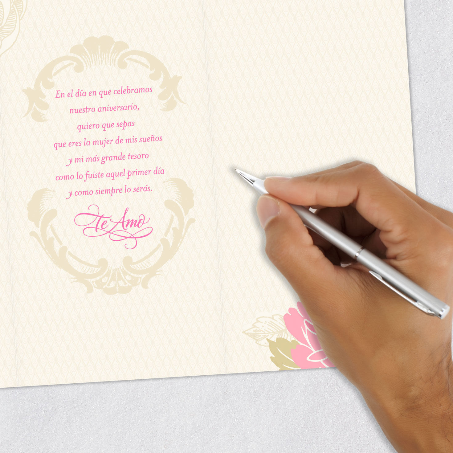Pink Roses on Lace Anniversary Card in Spanish signing card image number 8