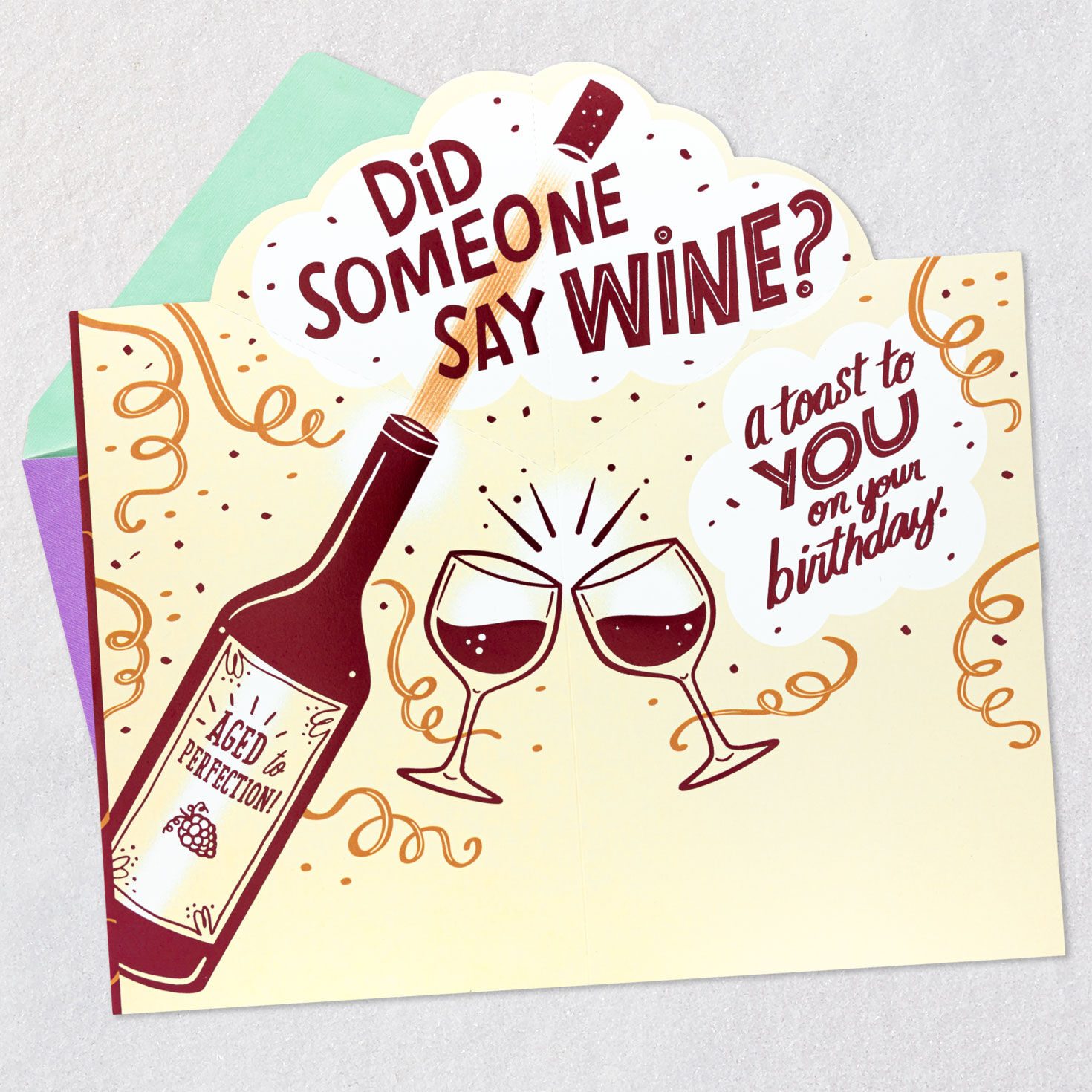Wine Bottle Cork Pop Birthday Card Open card with envelope image number 3