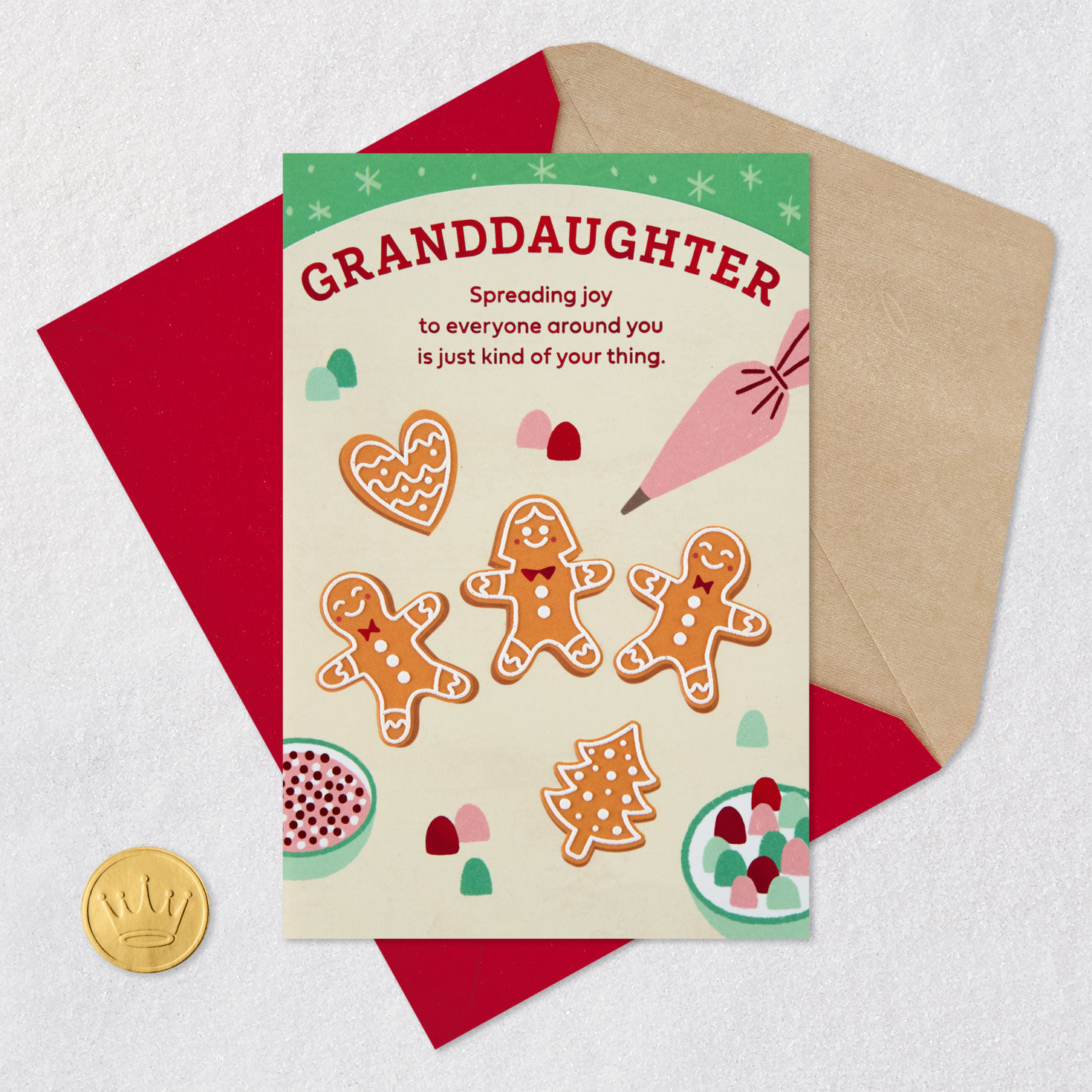 Gingerbread Men Christmas Card for Granddaughter Card Front with Envelope and Gold Seal image number 6