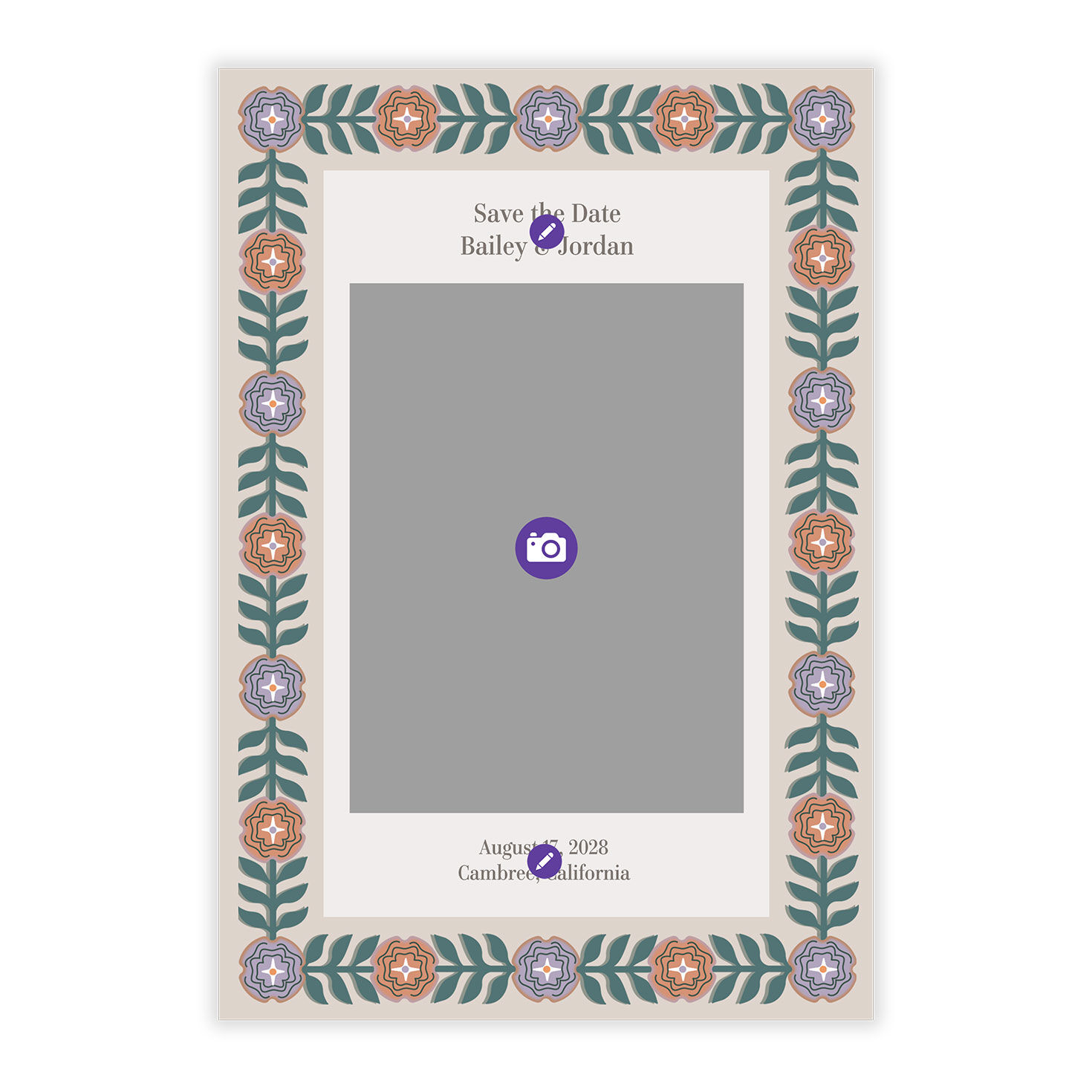 Floral Border Personalized Save the Date Card Card Front indicating personalization image number 5