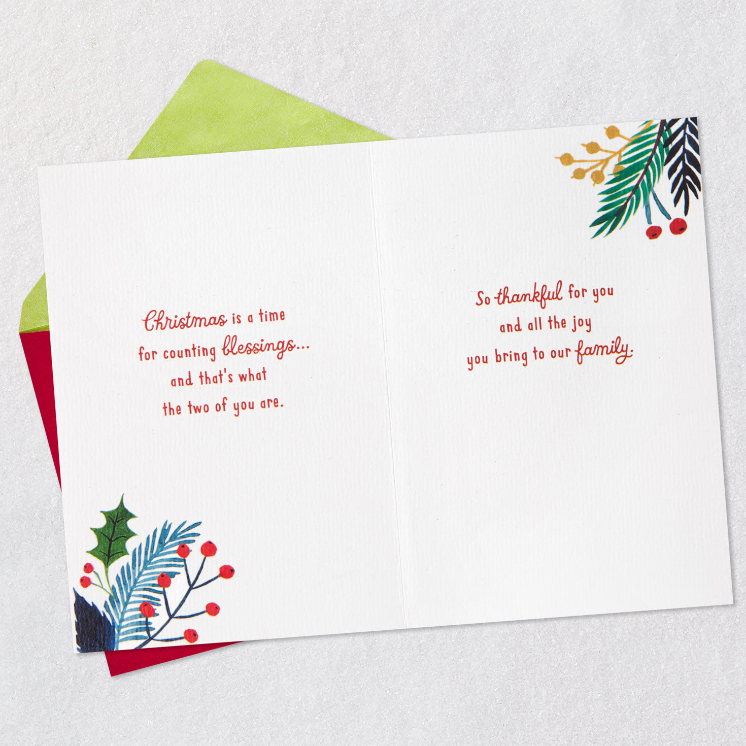 Holiday Greenery Son and Daughter-in-Law Christmas Card Open card with envelope image number 4