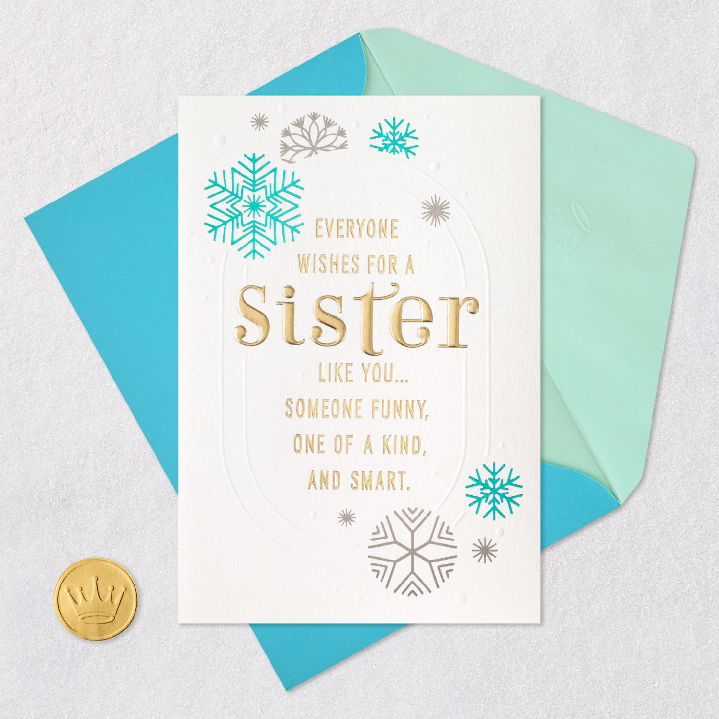 Shimmery Snowflakes Sister Christmas Card Card Front with Envelope and Gold Seal image number 6