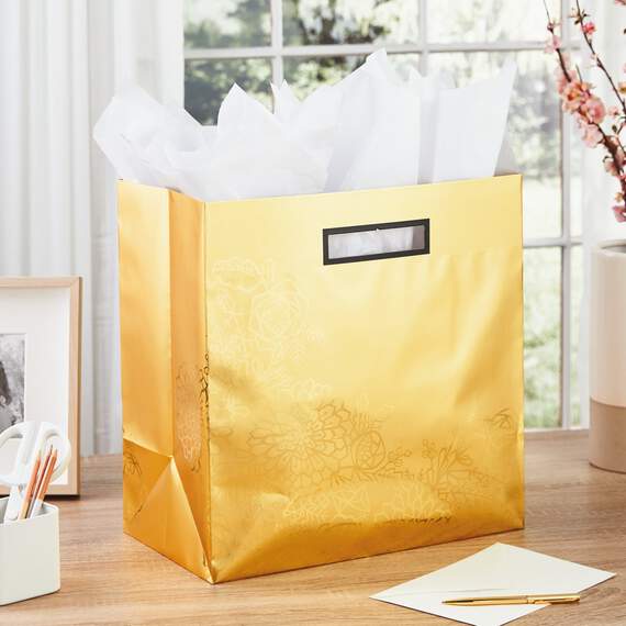 15" Gold Floral Gift Bag With Die-Cut Handles, , large image number 2