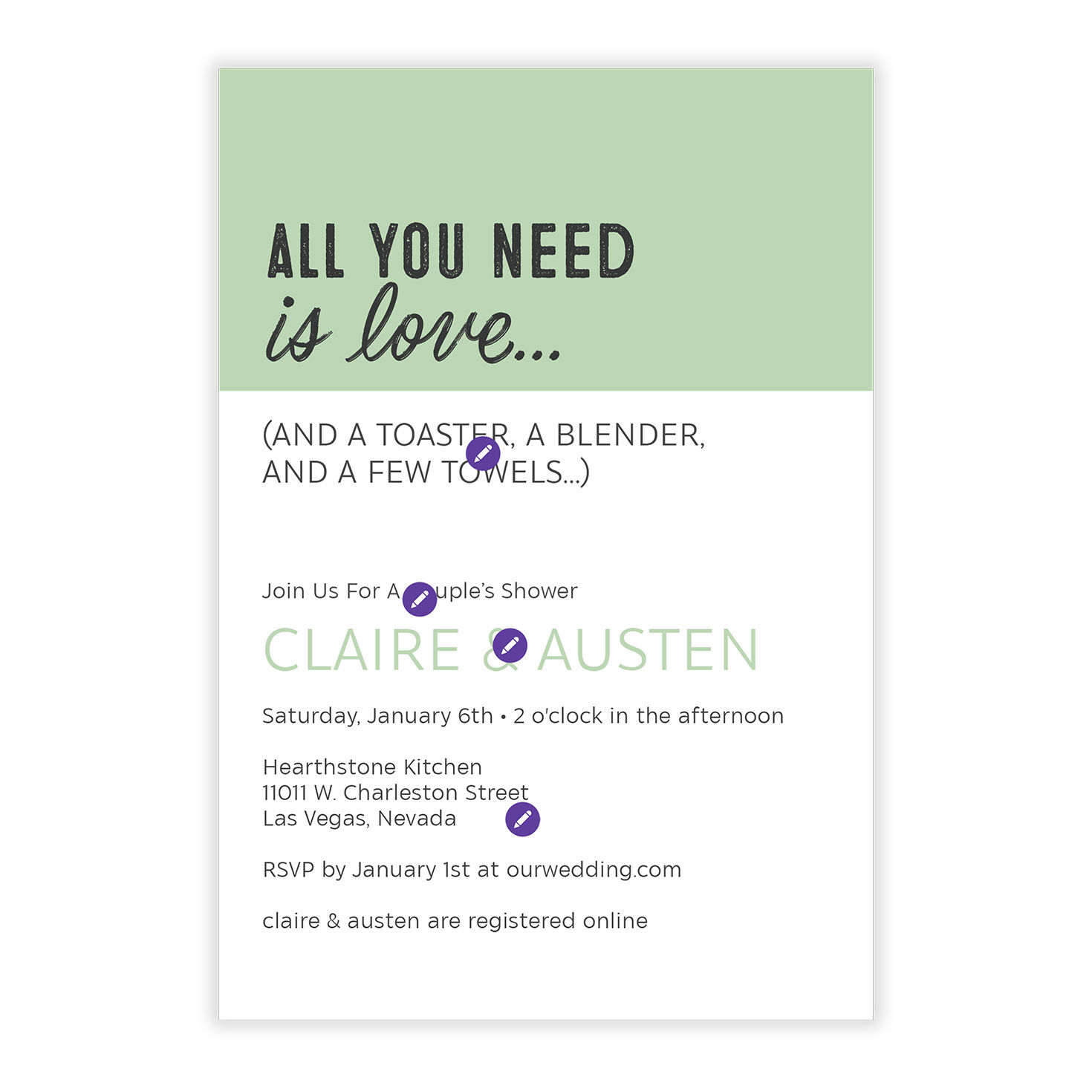 Green White Fun Message White Personalized Shower Invitation Card Front indicating personalization image number 5