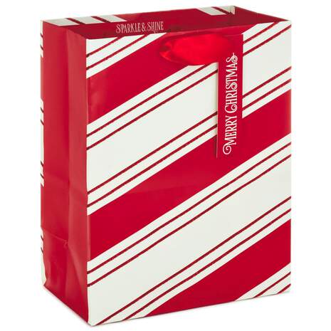9" Red Stocking on Stripes Gift Bag, , large