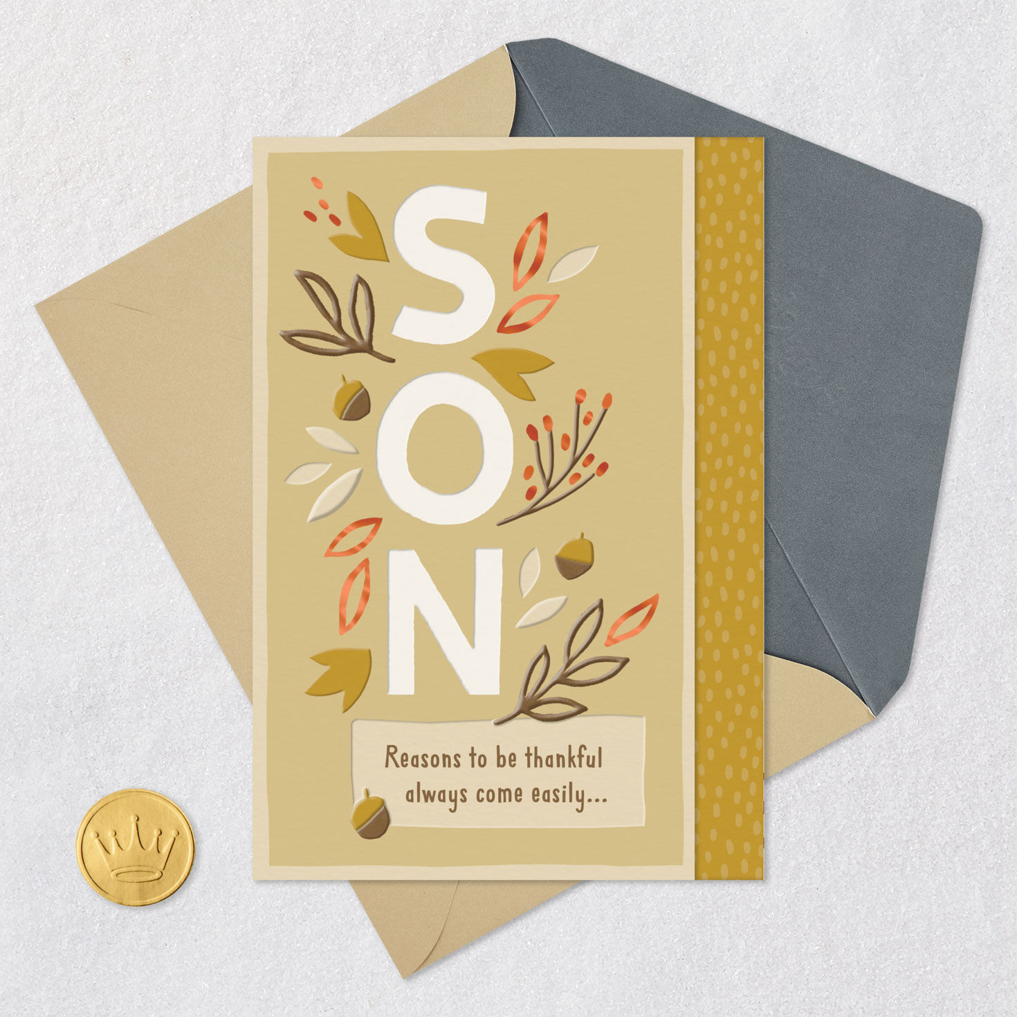 Tan Leaves and Acorns Thanksgiving Card for Son Card Front with Envelope and Gold Seal image number 6
