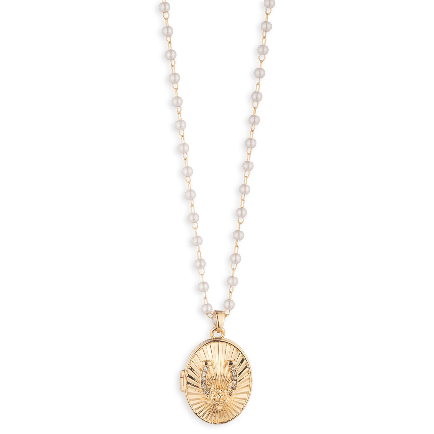 Kentucky Roses Gold Metal Necklace With Horseshoe Locket and Faux Pearls