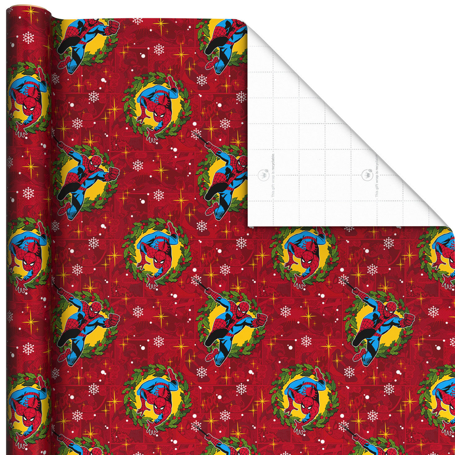 Marvel Spider-Man in Wreath on Red Jumbo Christmas Wrapping Paper Roll, 70 sq. ft.