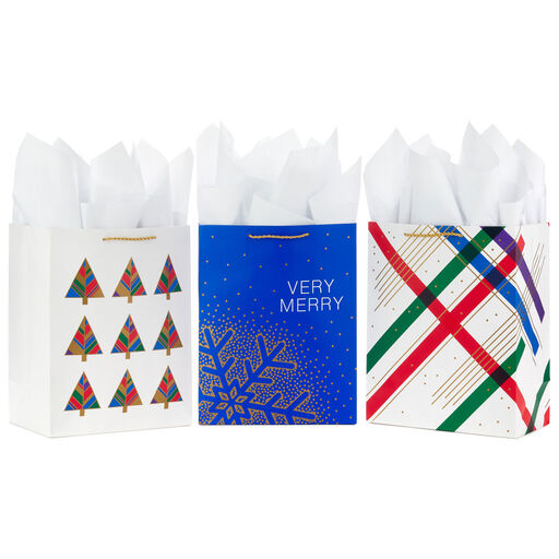 13" Contemporary 3-Pack Large Christmas Gift Bags With Tissue Paper Assortment, 