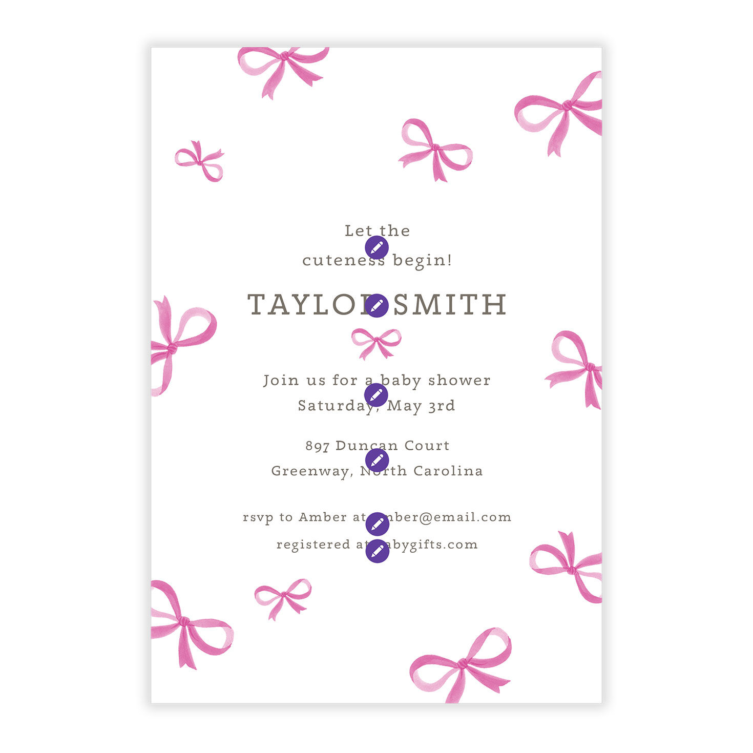 Pink Bows Personalized Baby Shower Invitation Card Front indicating personalization image number 5